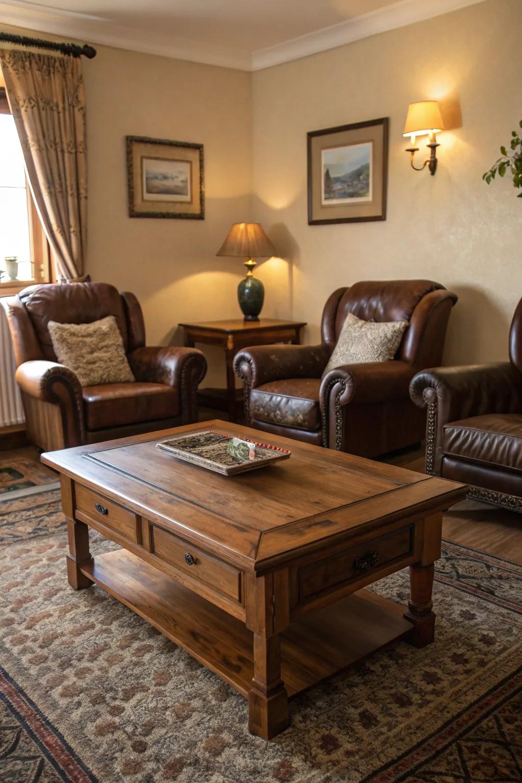 Textured surfaces like wood and leather add visual interest.