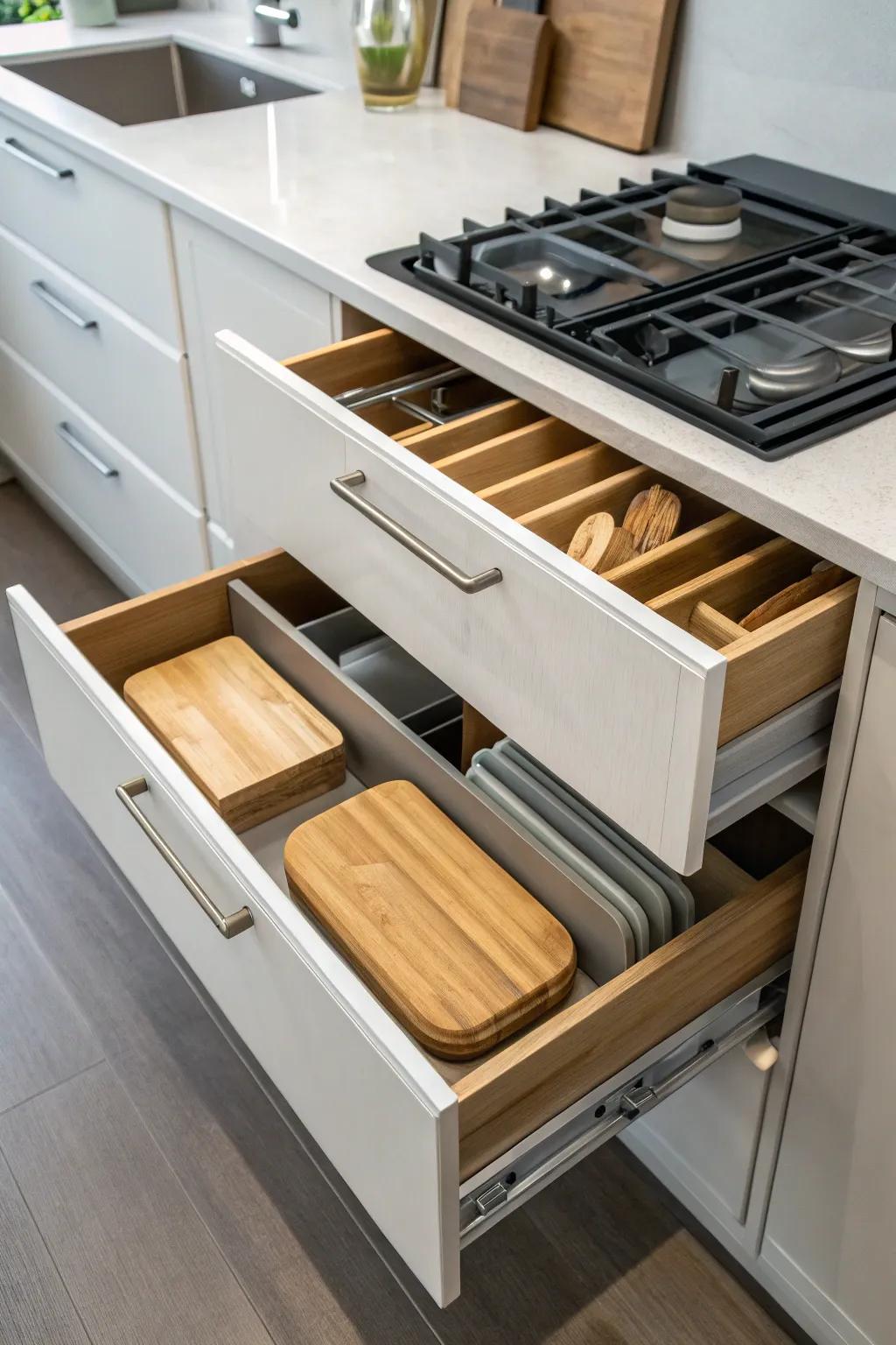 Drawer storage with dividers for cutting boards.