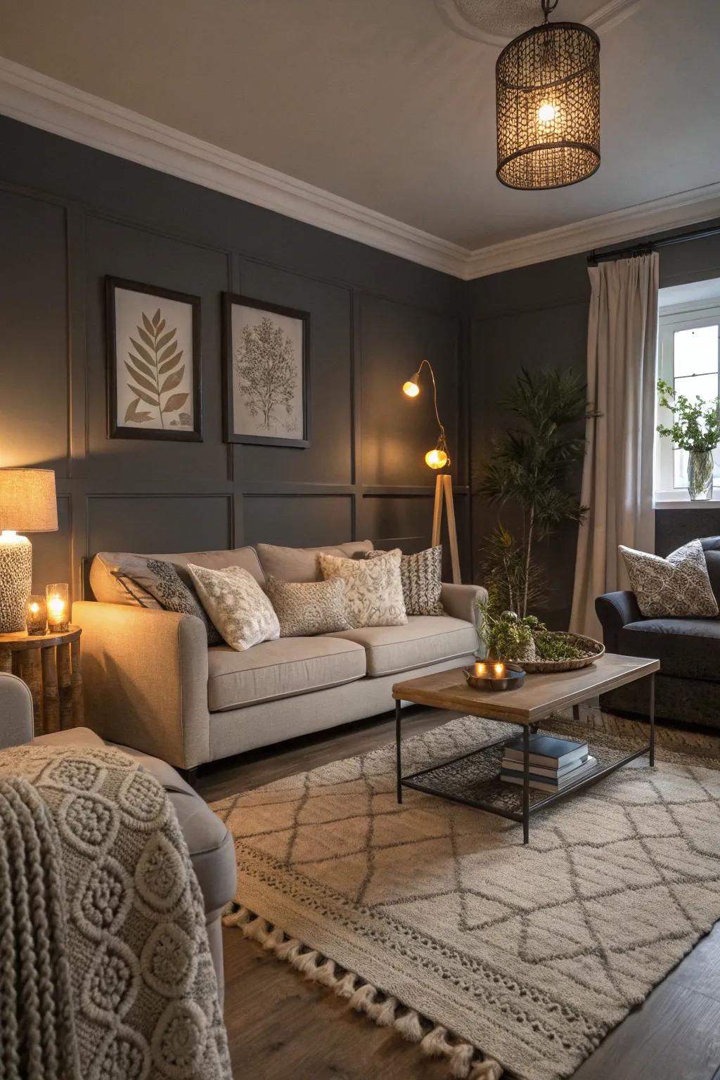 A cozy and balanced living room with dark grey elements.