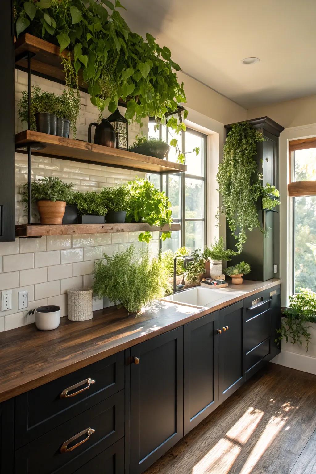 Green flora introduces a rejuvenating burst of color to the shadowy kitchen.
