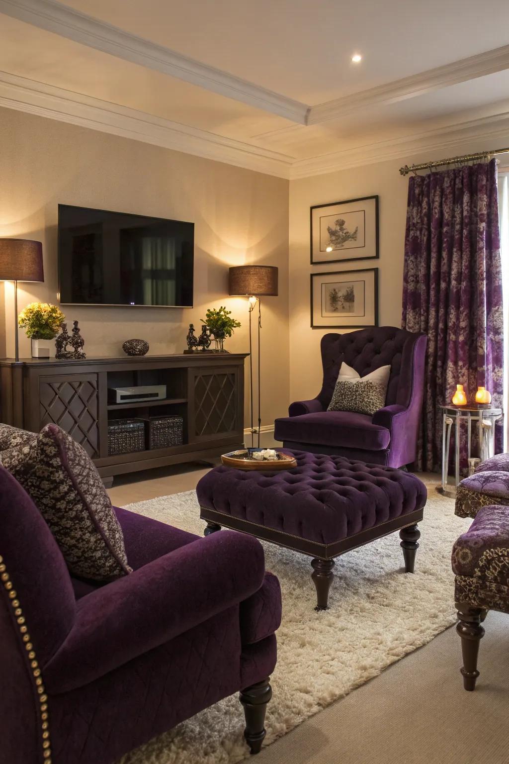 Dark purple accents add whimsy and sophistication to this elegant living room.