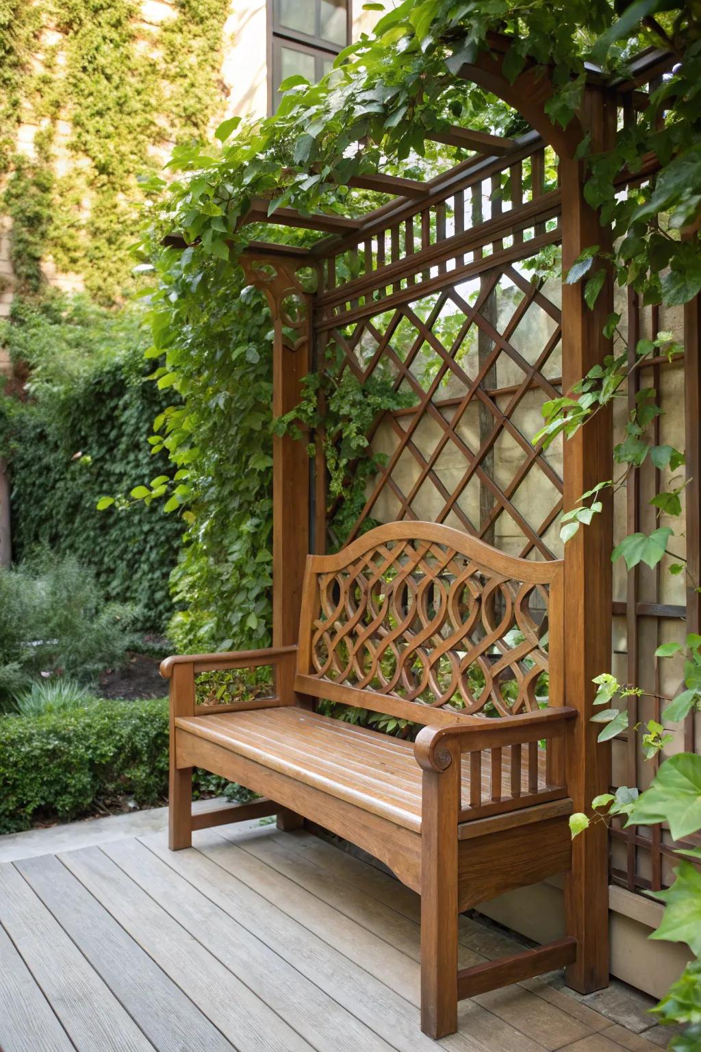 Elevate your deck's privacy with a stylish high-back bench featuring a lush trellis design.