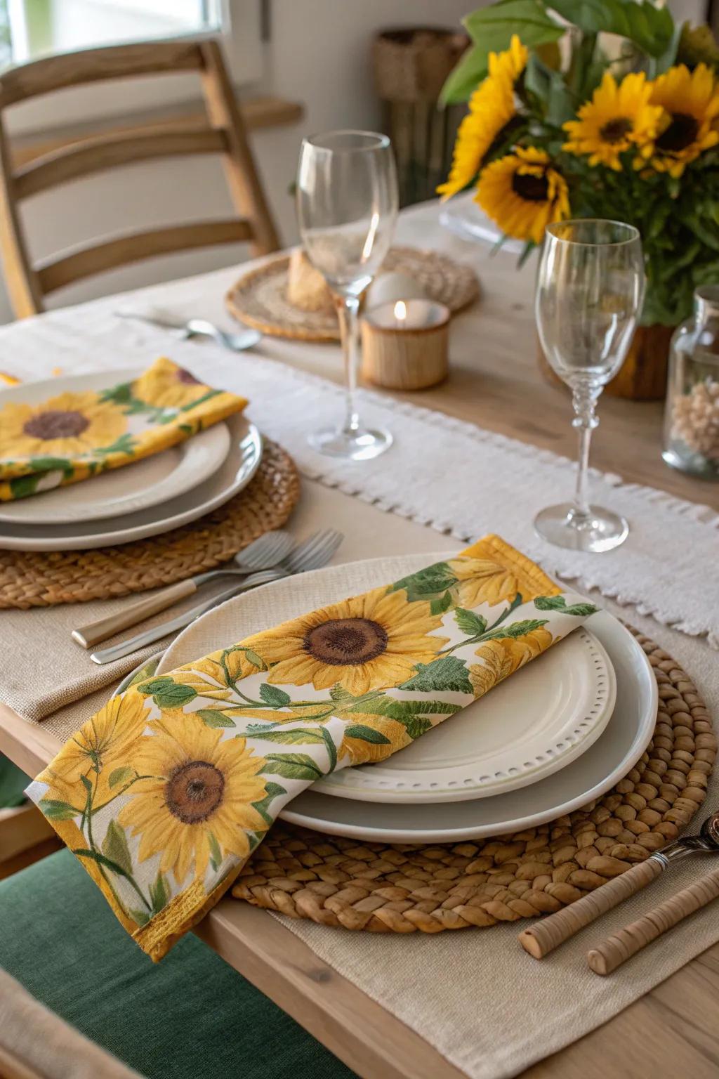 Sunflower-themed napkins bring a playful touch to any table setting.