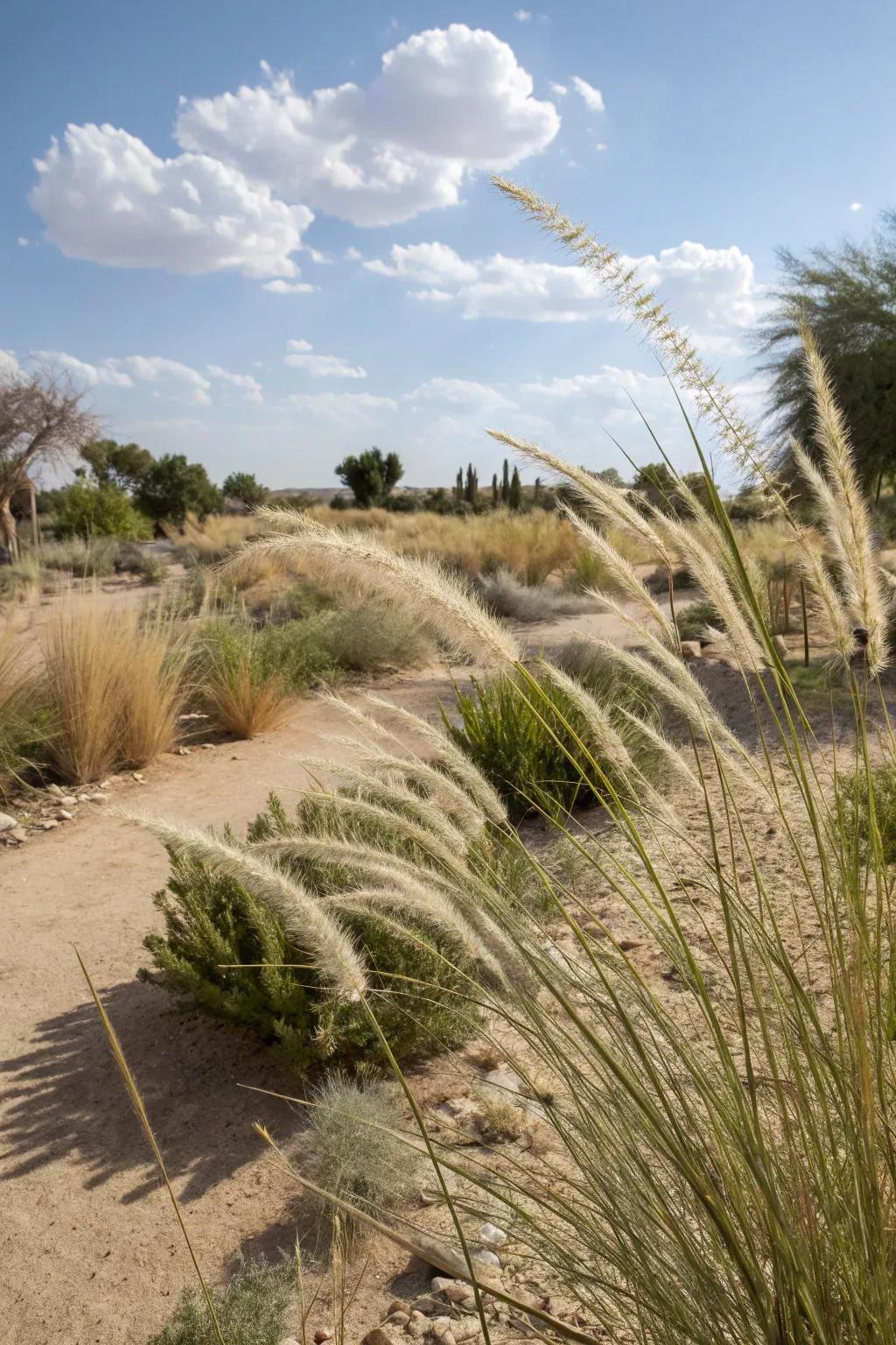 Ornamental grasses orchestrating gentle motion within the desert garden.