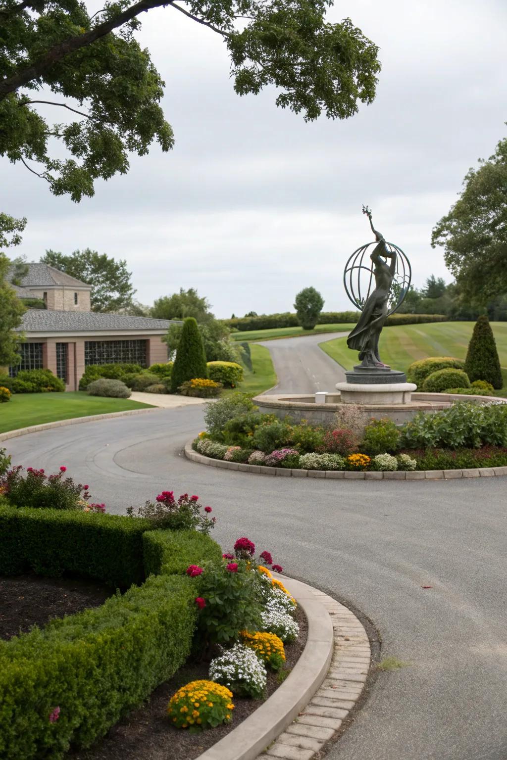 A striking sculpture takes center stage, adding a personal touch to this elegant driveway.