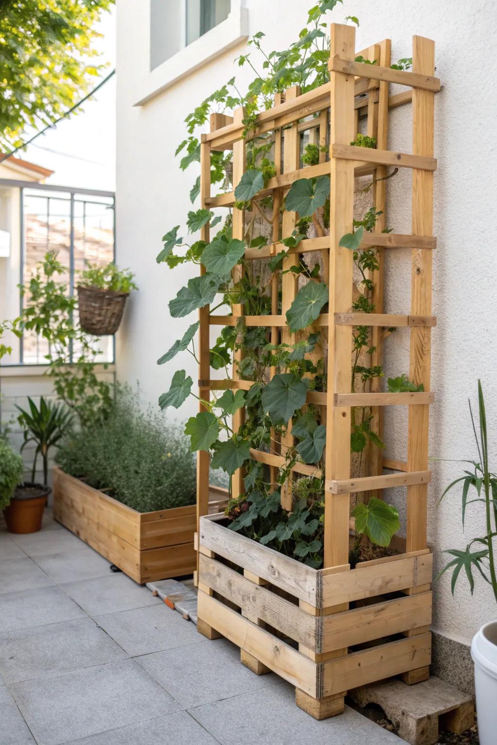 Elevate your garden with a chic, eco-friendly pallet trellis—where rustic charm meets minimalist elegance.