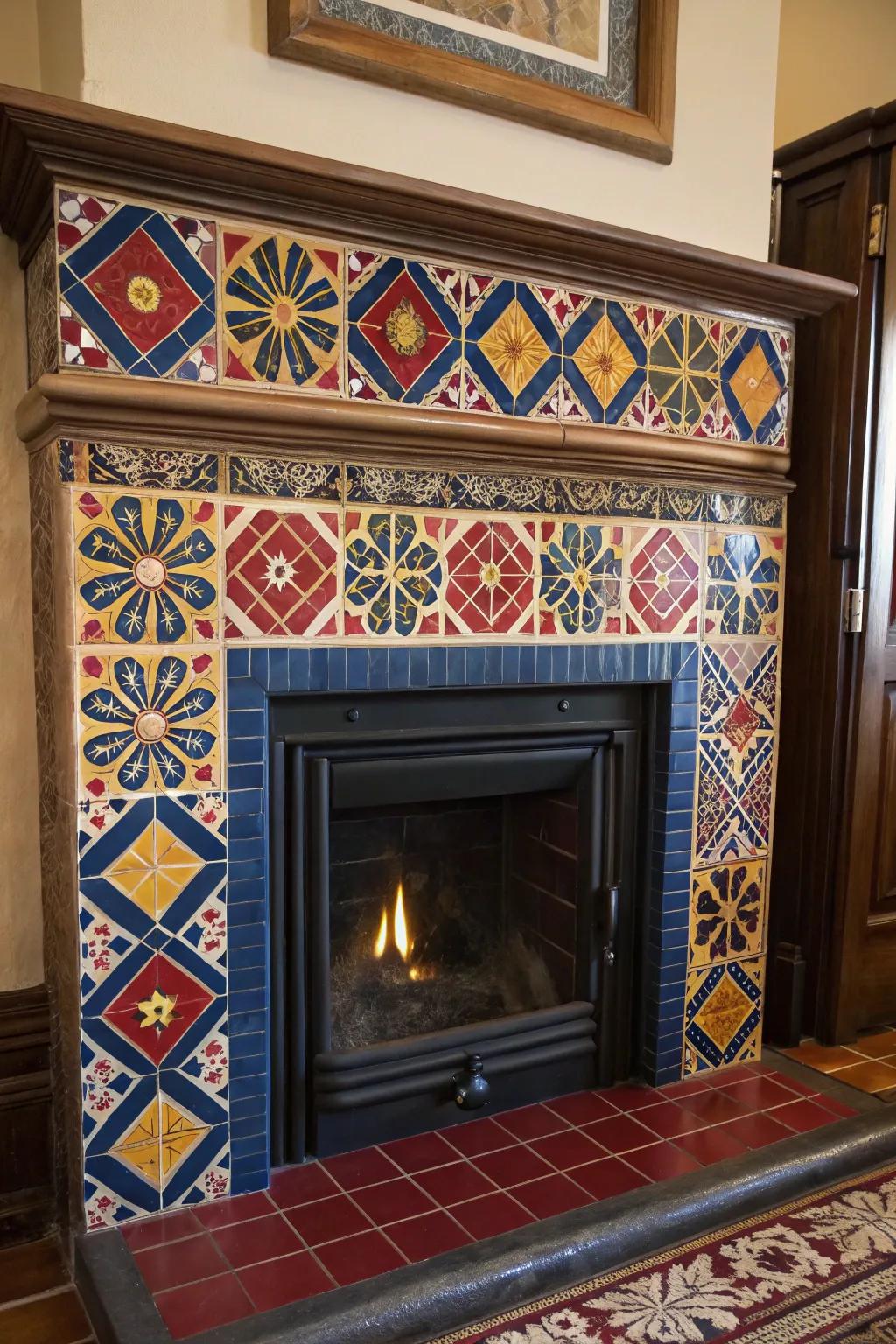 Elevate your fireplace with whimsical painted tiles for a bold, artistic statement.