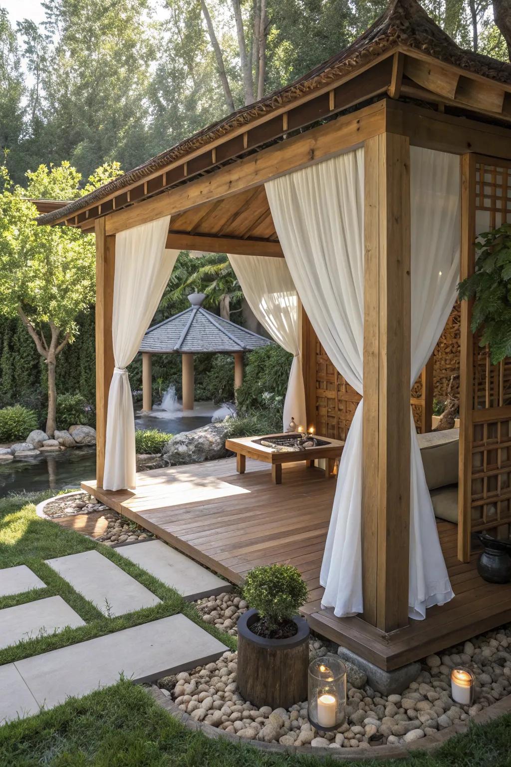 Transform your gazebo into a Zen retreat for ultimate relaxation.