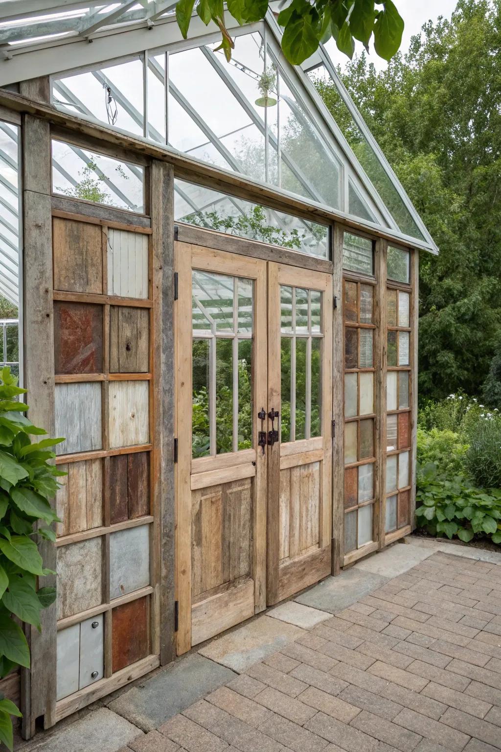 Embrace the charm of reclaimed beauty: Transform old doors into a stunning greenhouse masterpiece.