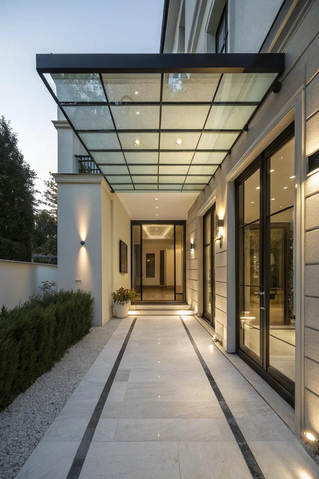 An entrance with a sleek glass panel shield.