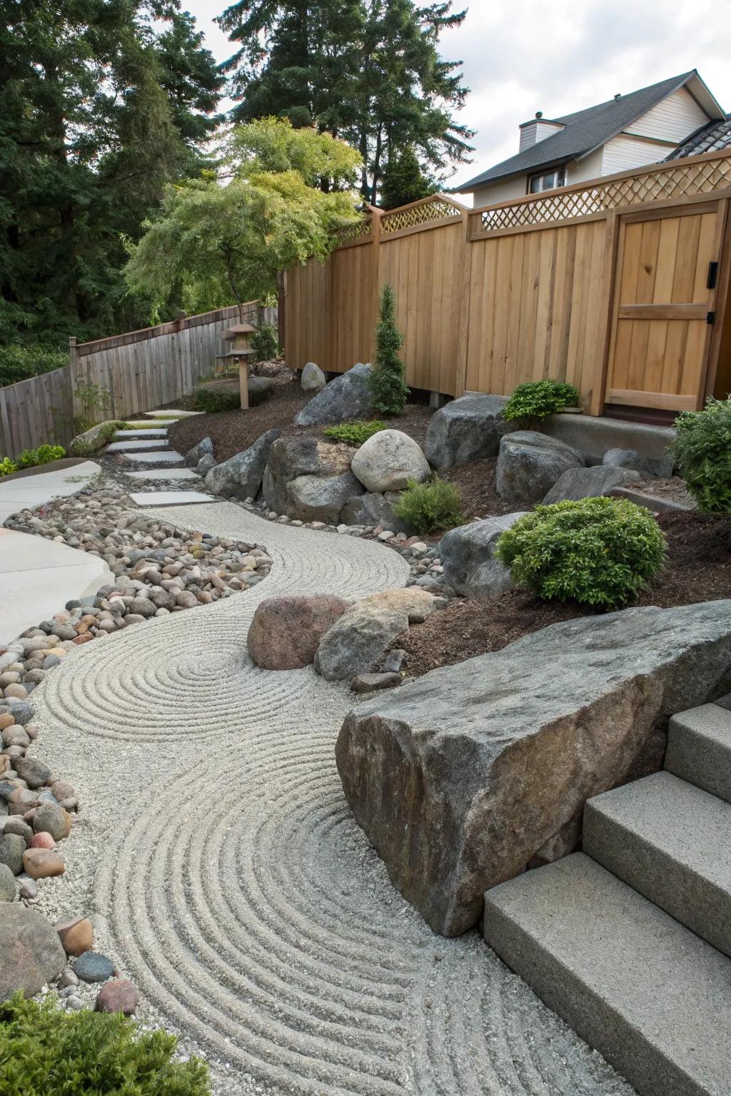 Zen rock sanctuaries bring tranquility and elegance to inclined landscapes.