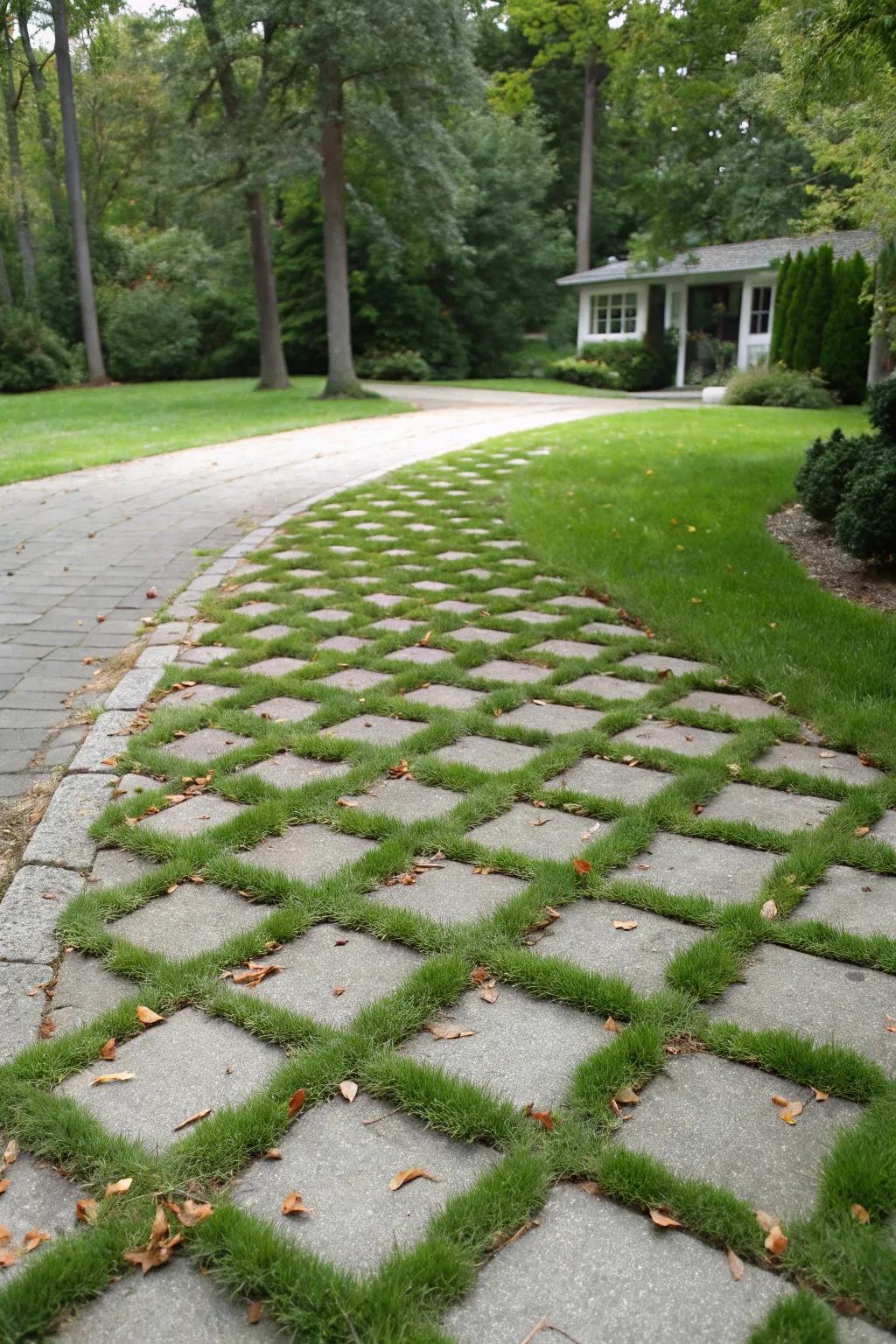 A natural aesthetic is achieved with grass-topped pavers in the driveway.