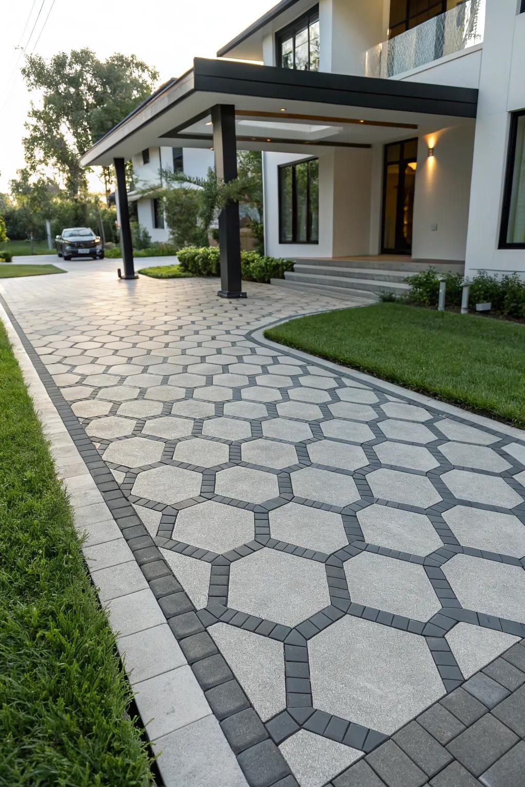 Geometric patterns bring an edgy, modern vibe to driveway designs.