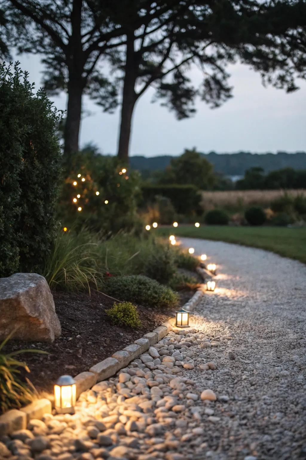 A gravel path beautifully illuminated by solar lights.