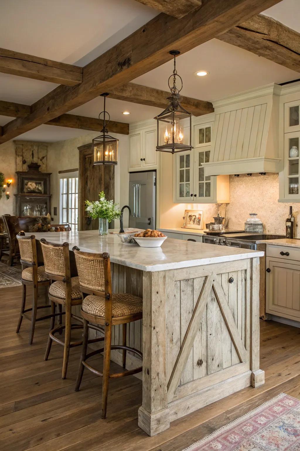 A country-style island featuring lovely weathered wood.