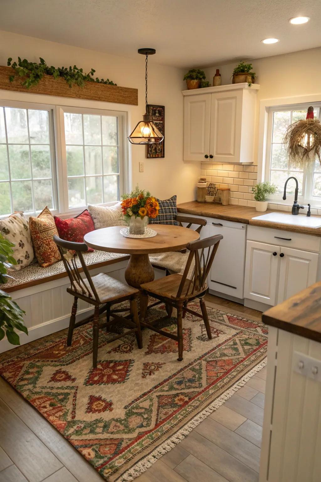 Textiles that add warmth and define the dining space.