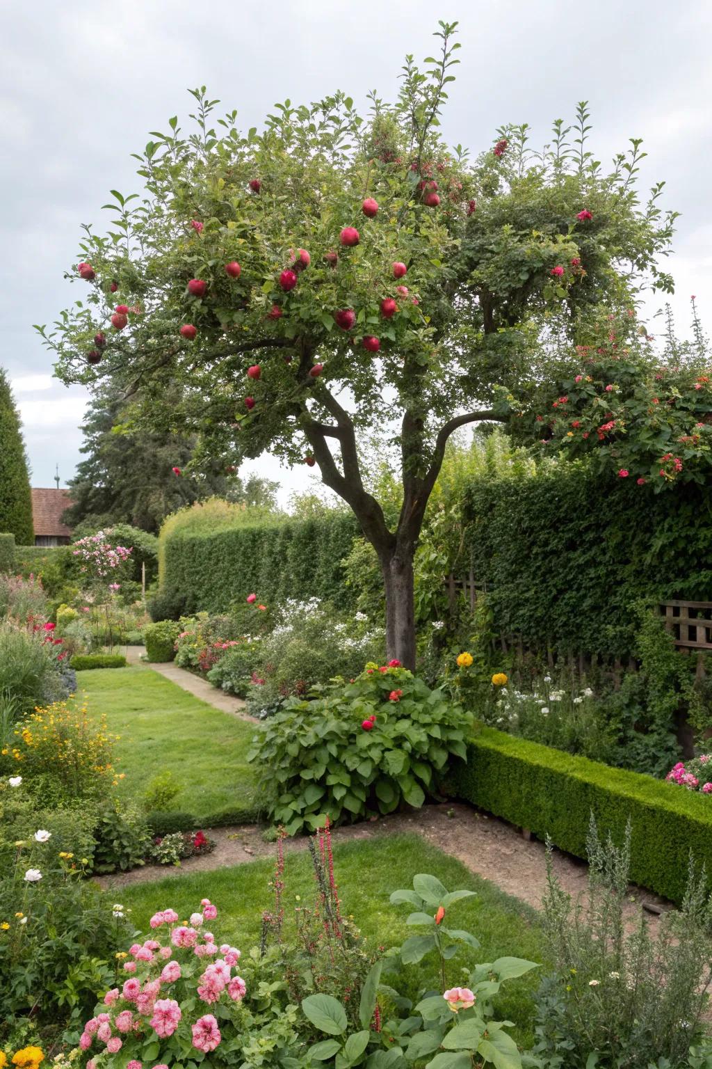 Fruit trees serve as focal points and offer seasonal harvests.