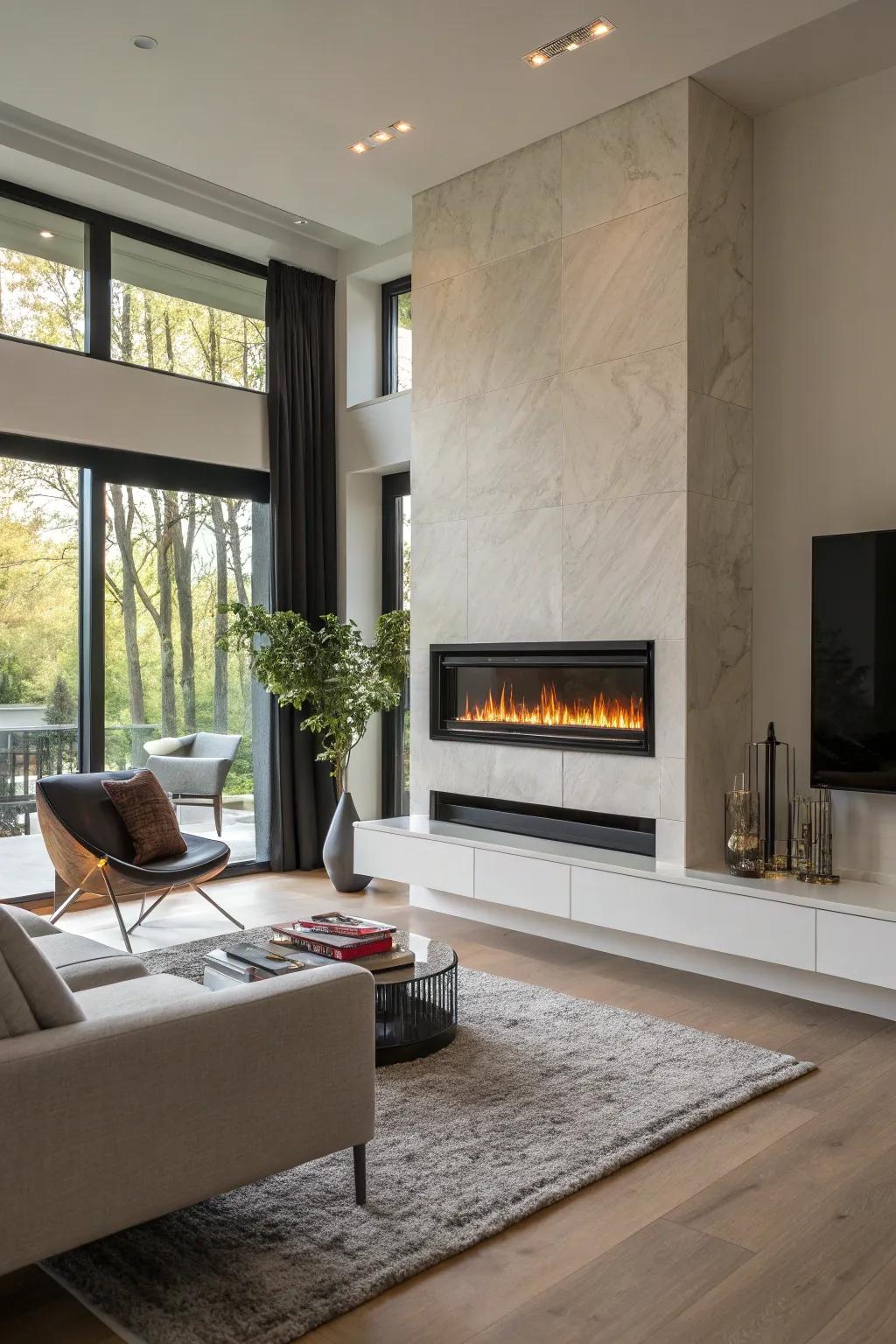 A slim-profile electric fireplace in a modern living room