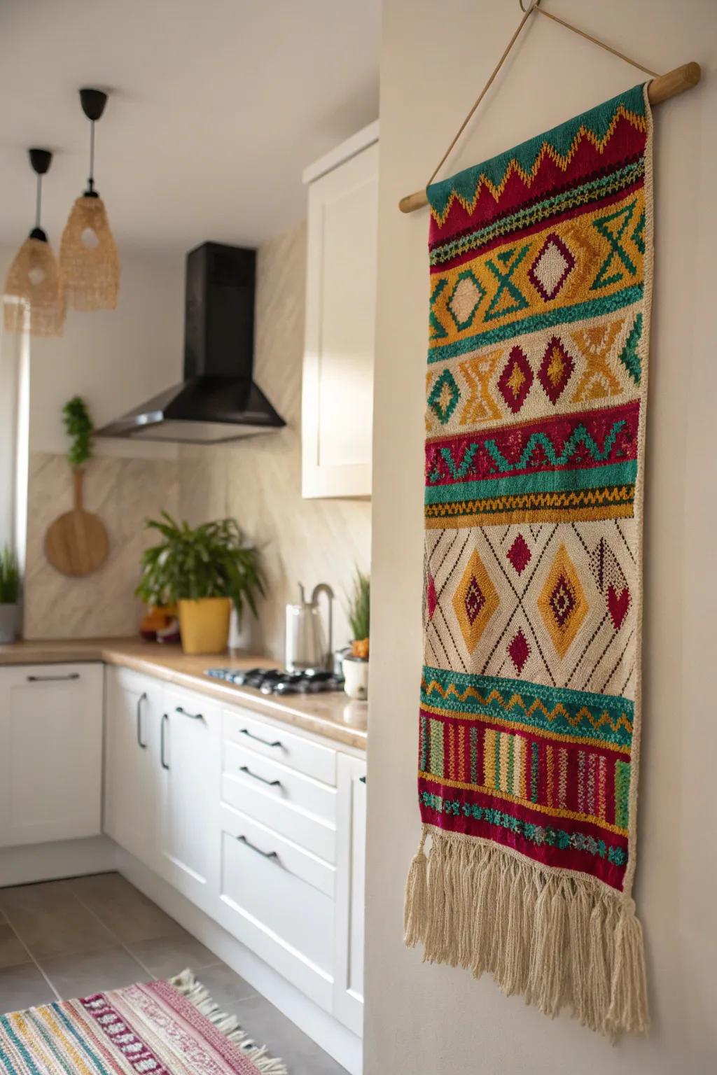 A tapestry adds texture and visual interest to a kitchen wall.