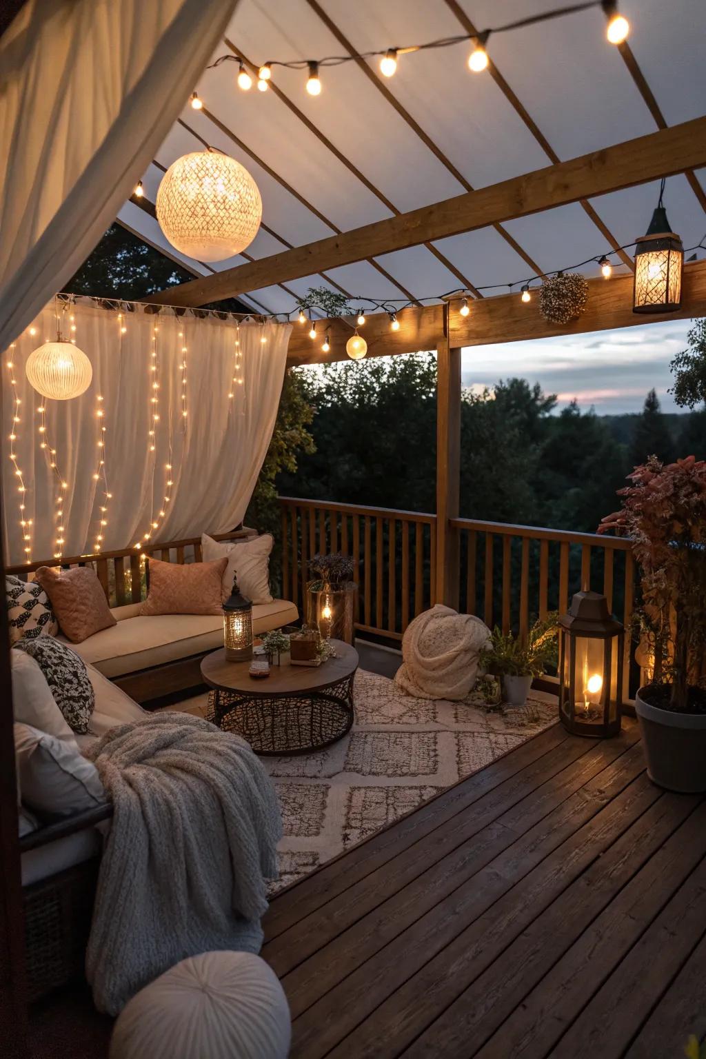 Magical lighting creates an enchanting enclosed deck.