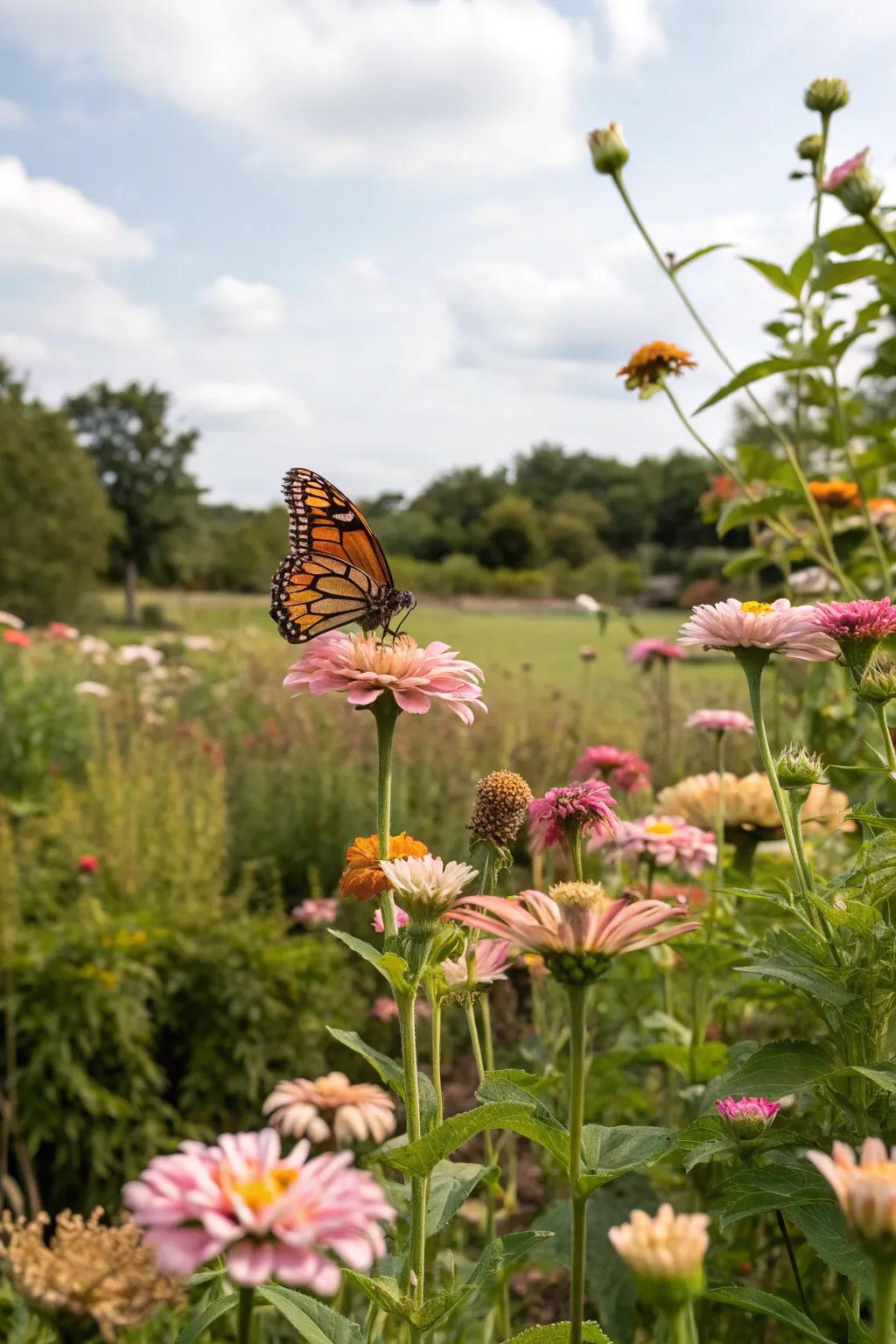 A garden teeming with butterflies and buzzing bees.
