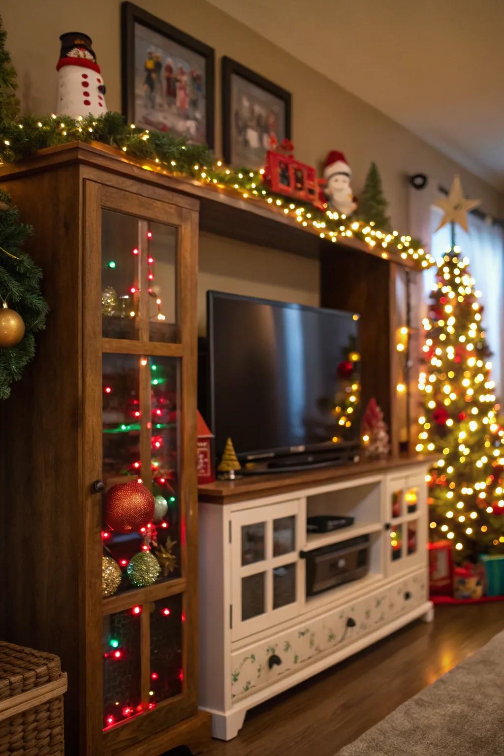 Seasonal decorations that add a festive touch to this media center.