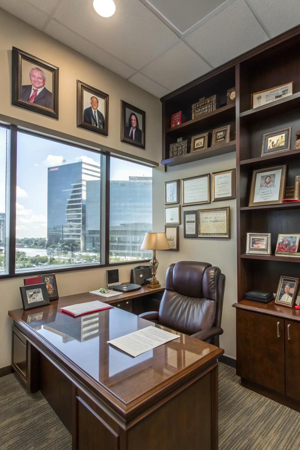 Personal mementos bring warmth to this executive office.
