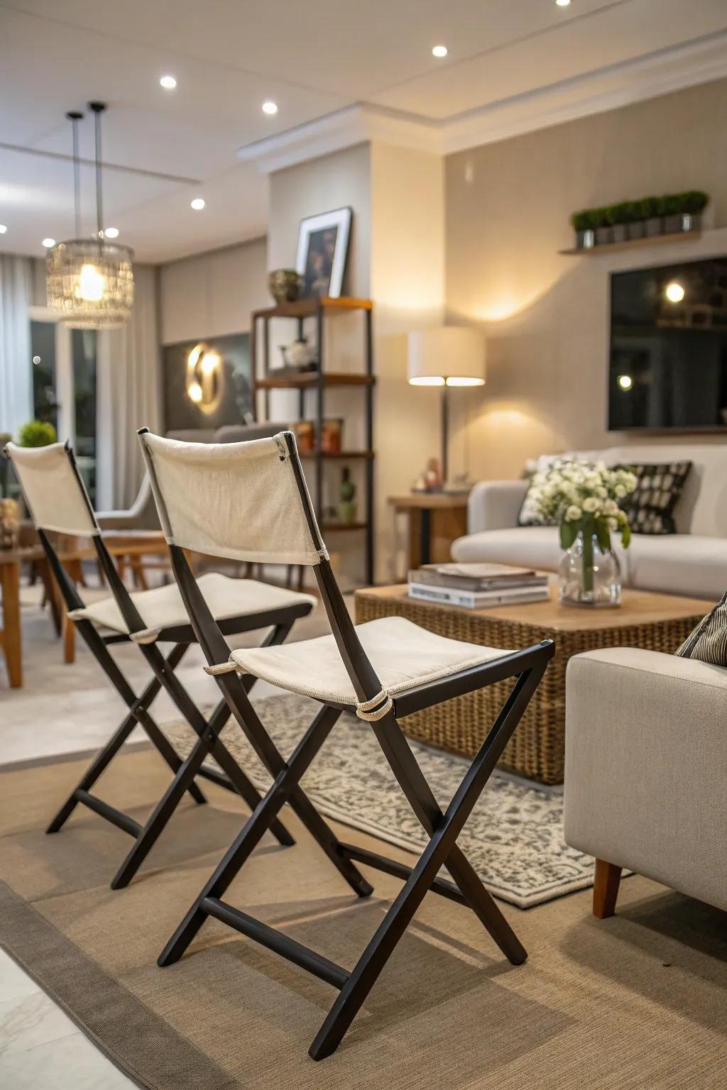 Folding chairs ensure flexible seating options.