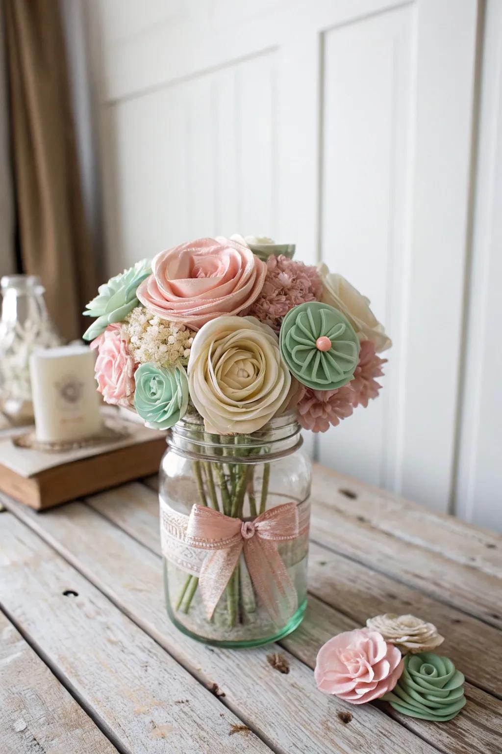 Elevate your décor with handcrafted refinement: Textile flowers in a glass container.