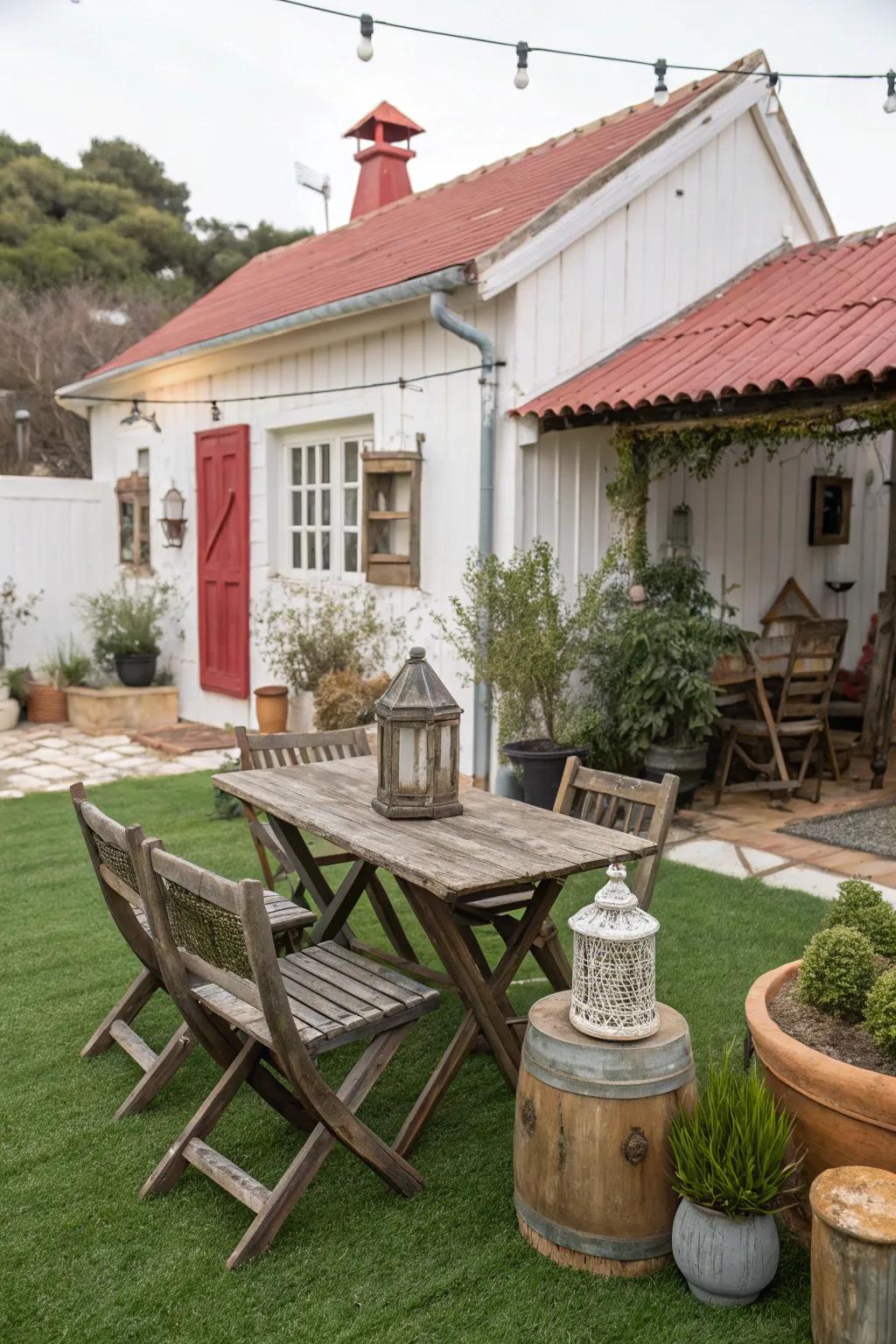 A charming rustic farmhouse patio with artificial grass.