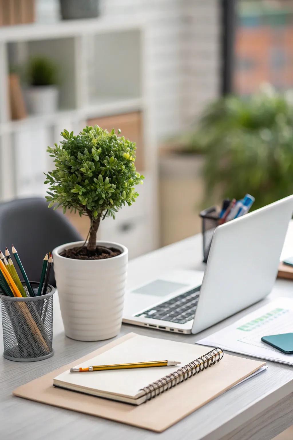 Faux plants bring tranquility to workspaces.