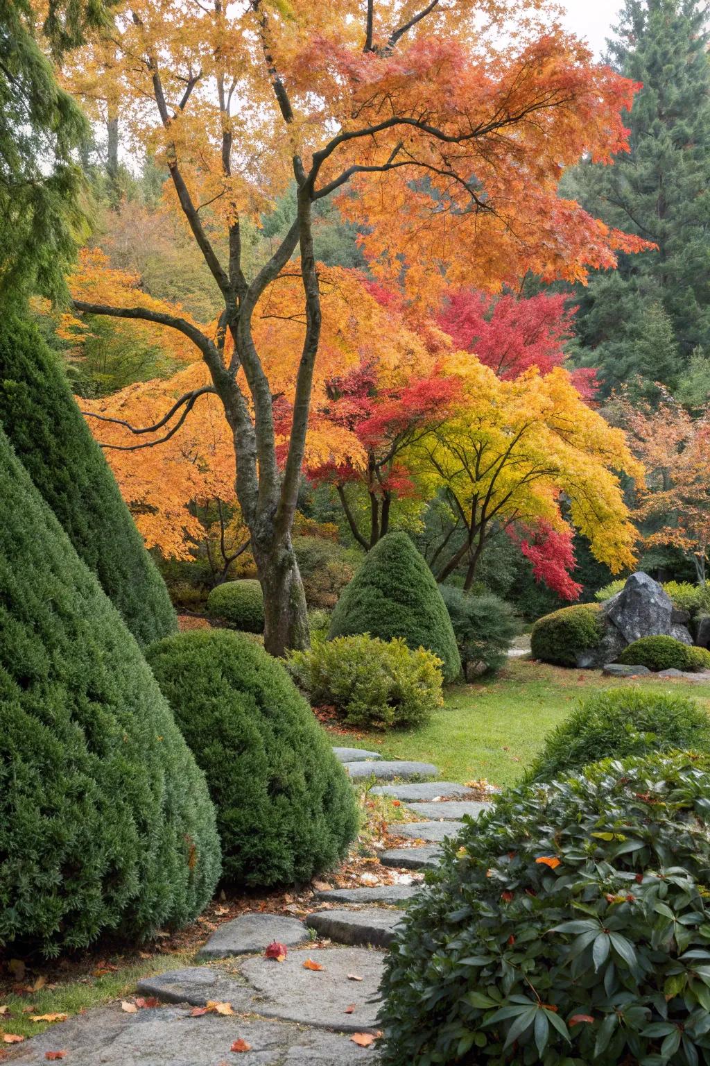 Evergreens create a striking contrast in your garden.