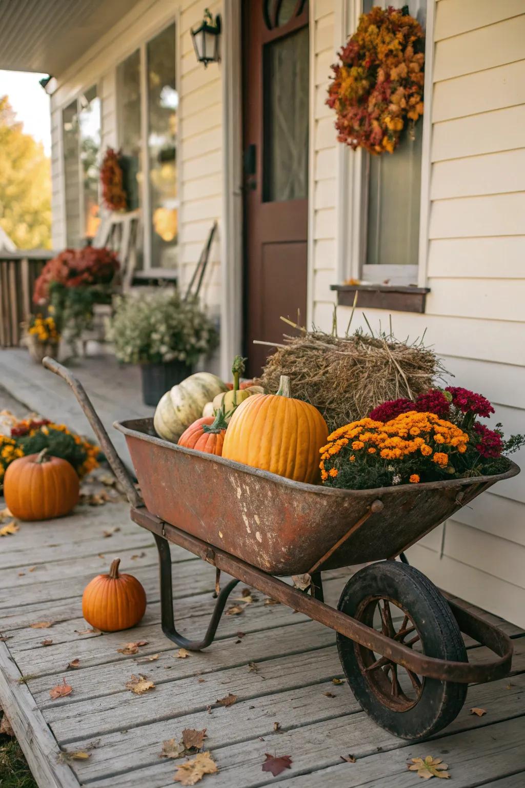 A retro barrow imparts an enchanting rustic touch to the fall porch.