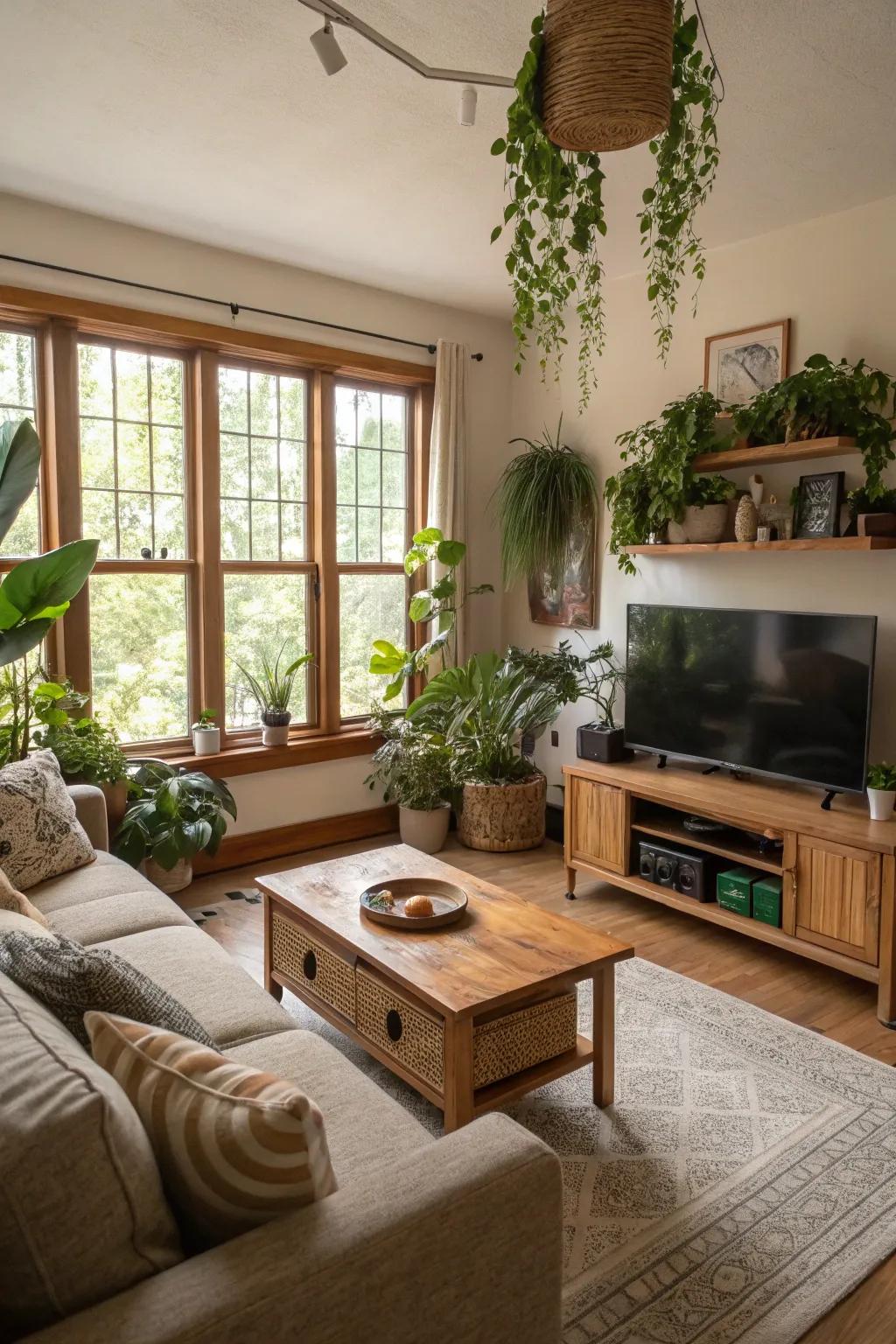 Greenery and organic decor contribute warmth and life to the family space.