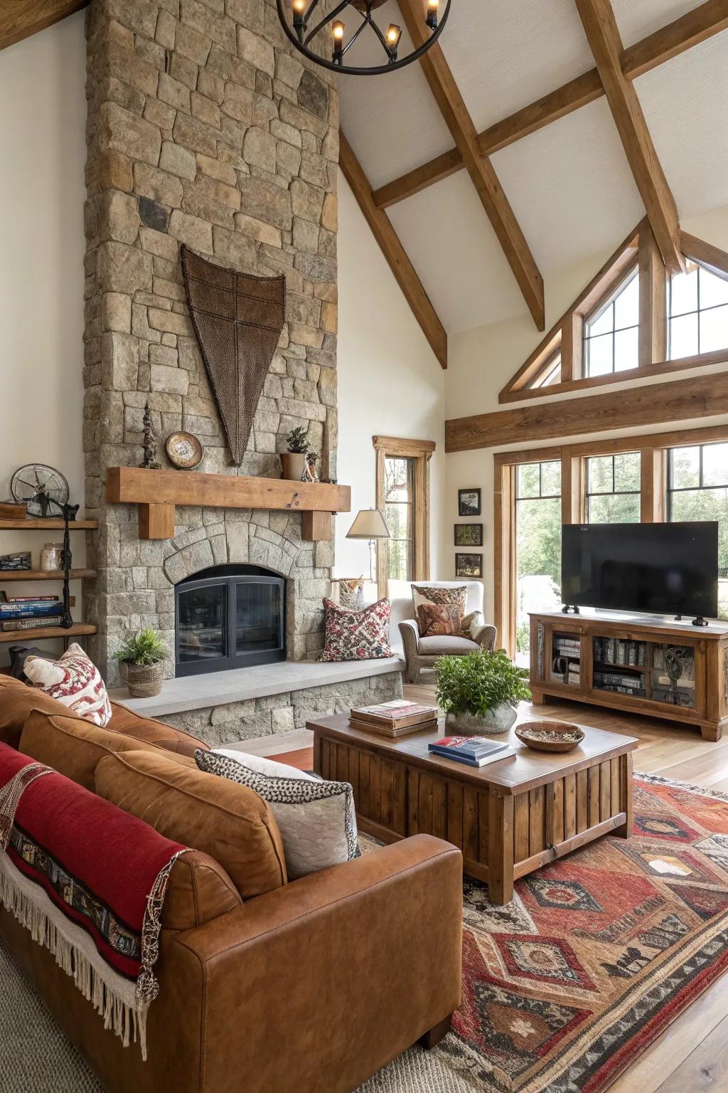 An eclectic mix of textures in a farmhouse living room.