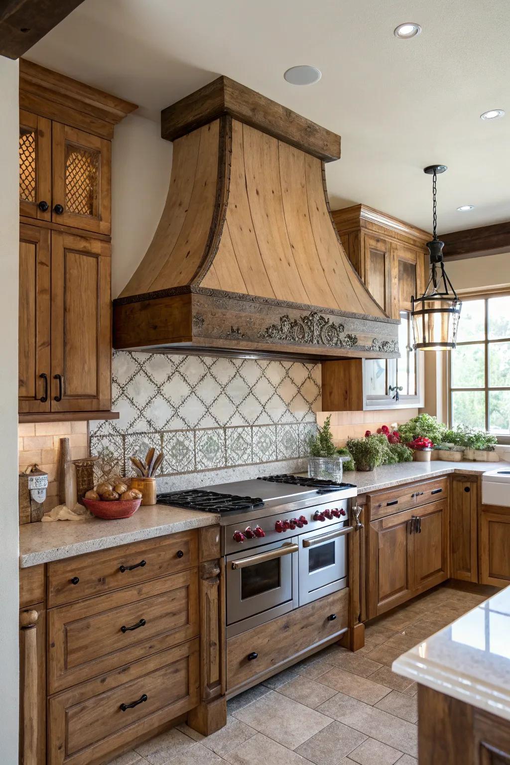 A countryside plank range hood builds a striking centerpiece within the cooking space.