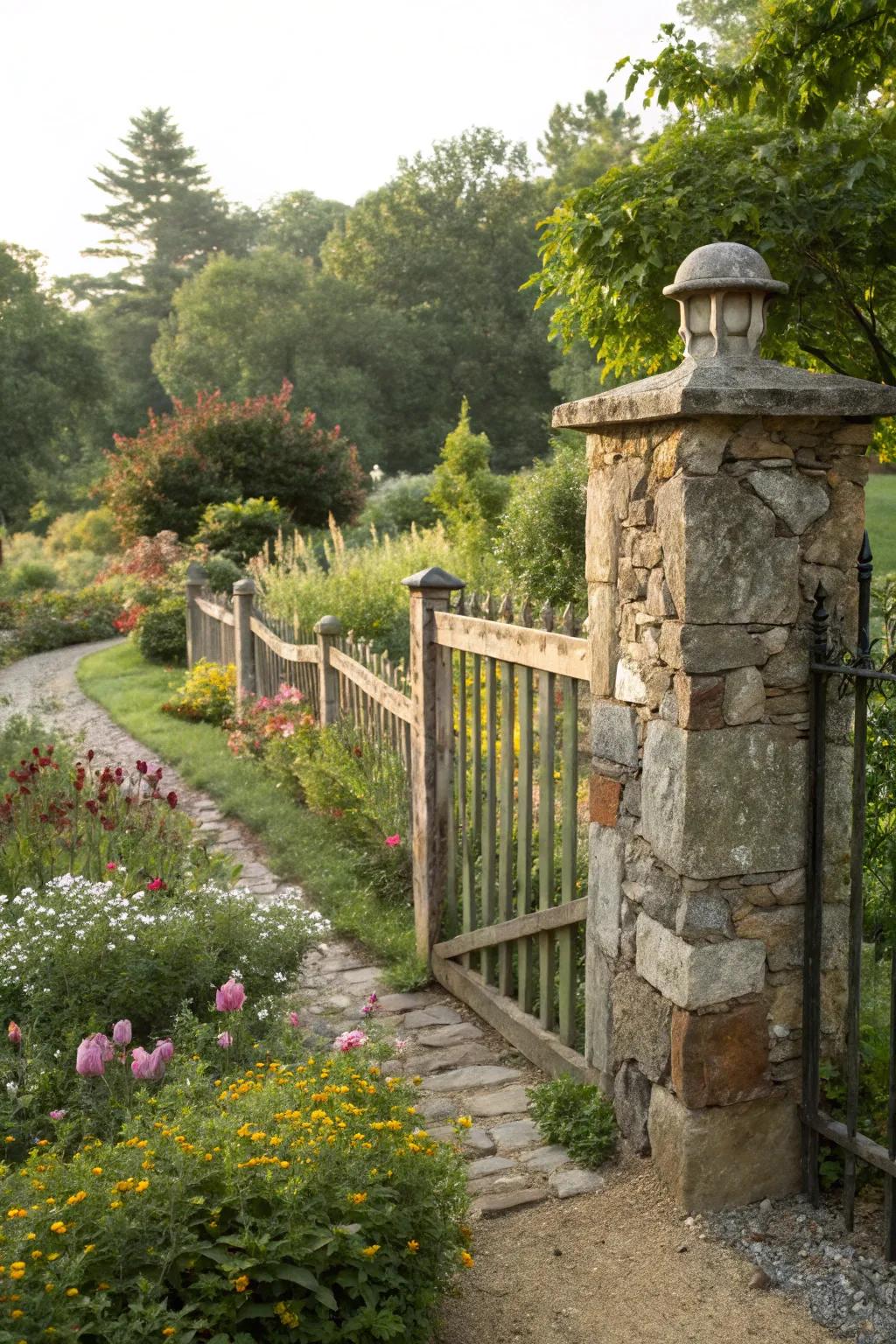 Distinctive fence boundary created with stone and mixed materials.