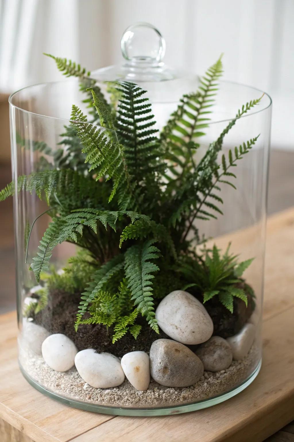 Embrace the beauty of contrast with this stunning fern terrarium, where deep greens meet bright stones in perfect harmony.
