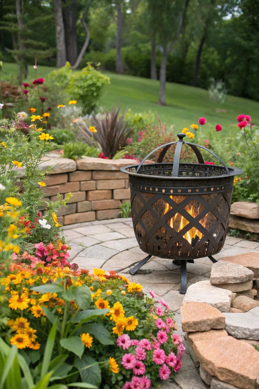 A garden design where the fire pit basket serves as the central focal point.