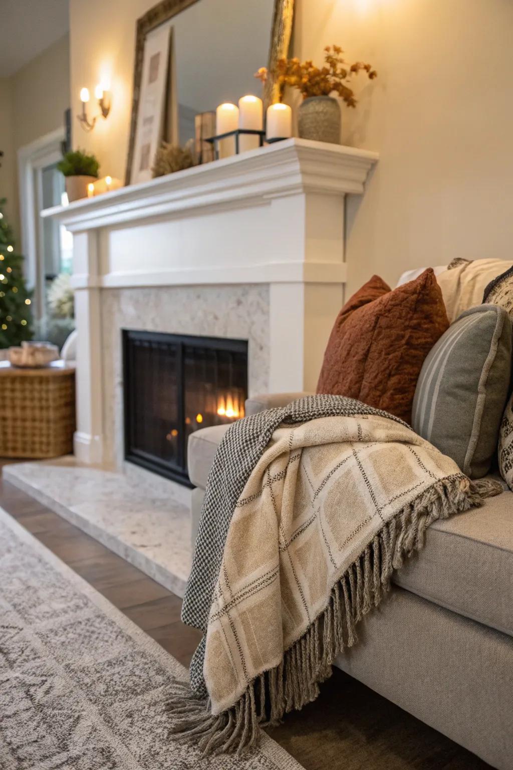 A mantel with snug fabrics that inspires warmth and relaxation.