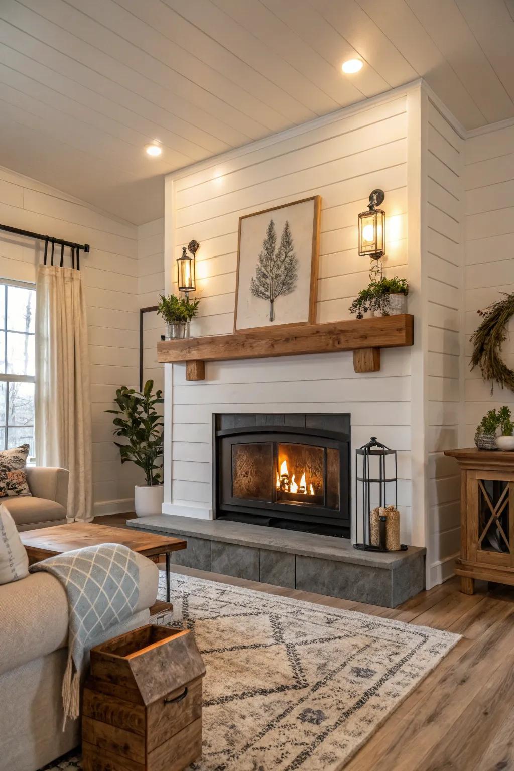 Panel cladding accents add rustic charm to this comfortable fireplace.