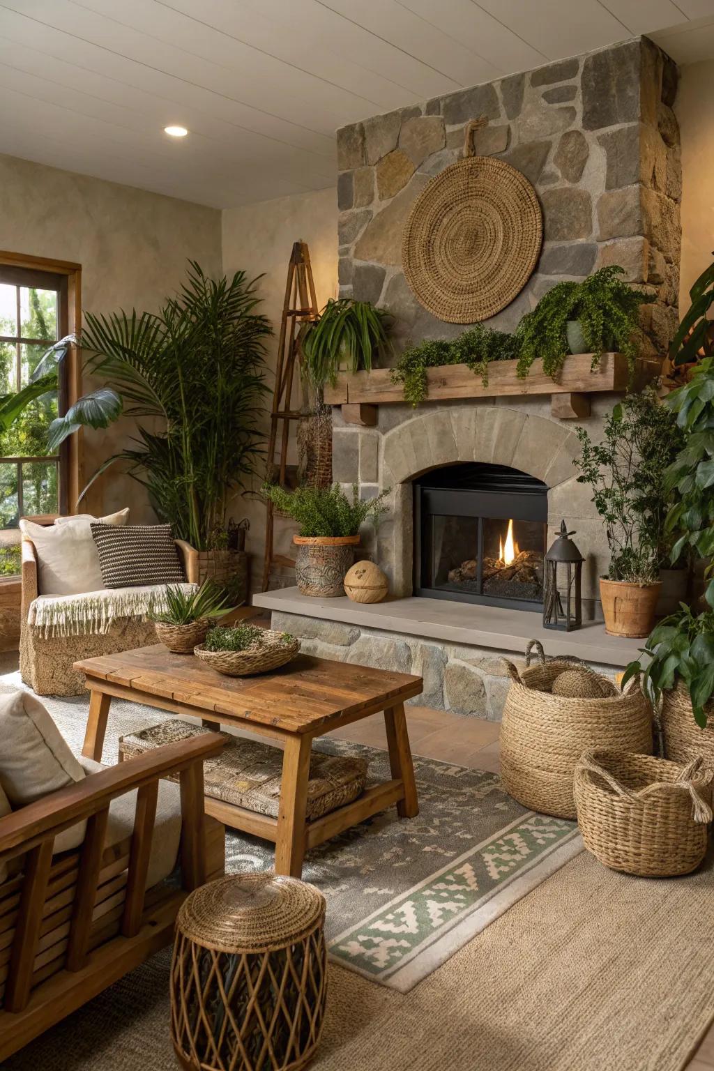 Picture an earthy living room where the fireplace is surrounded by lush greenery, giving it a fresh and natural feel.