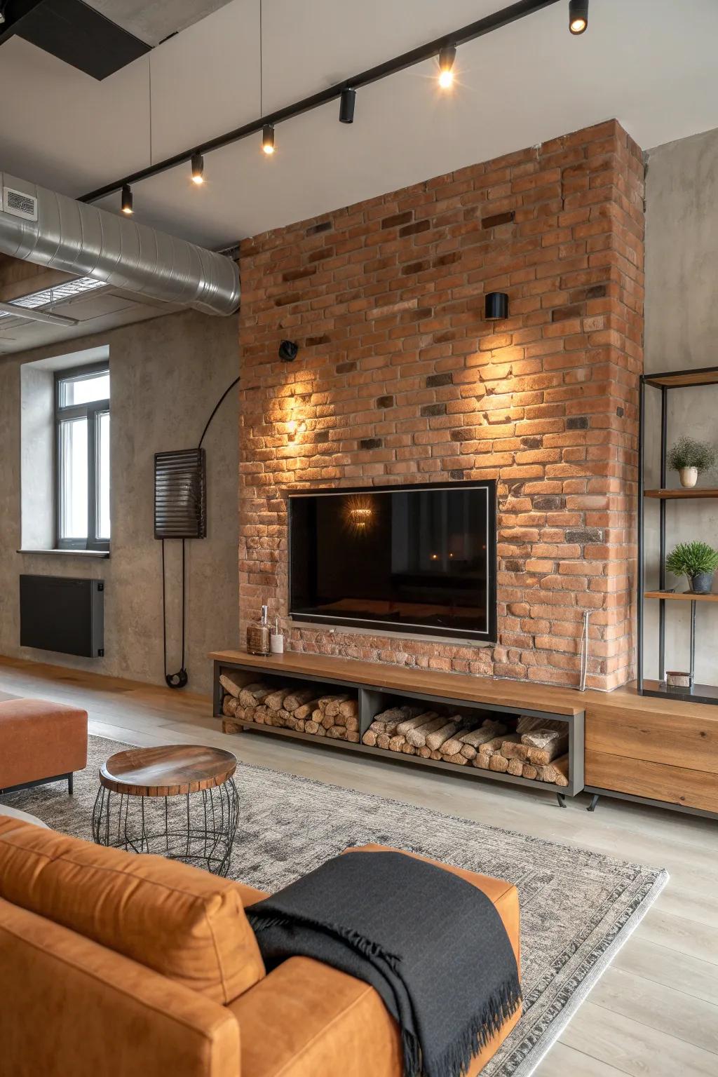 Funnel a metropolitan vibe with an industrial-style fireplace and TV wall. #UrbanLiving #IndustrialChic 🏙️