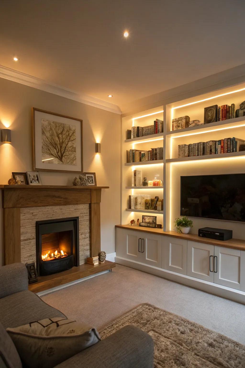 Integrated lighting adds warmth and highlights decor.