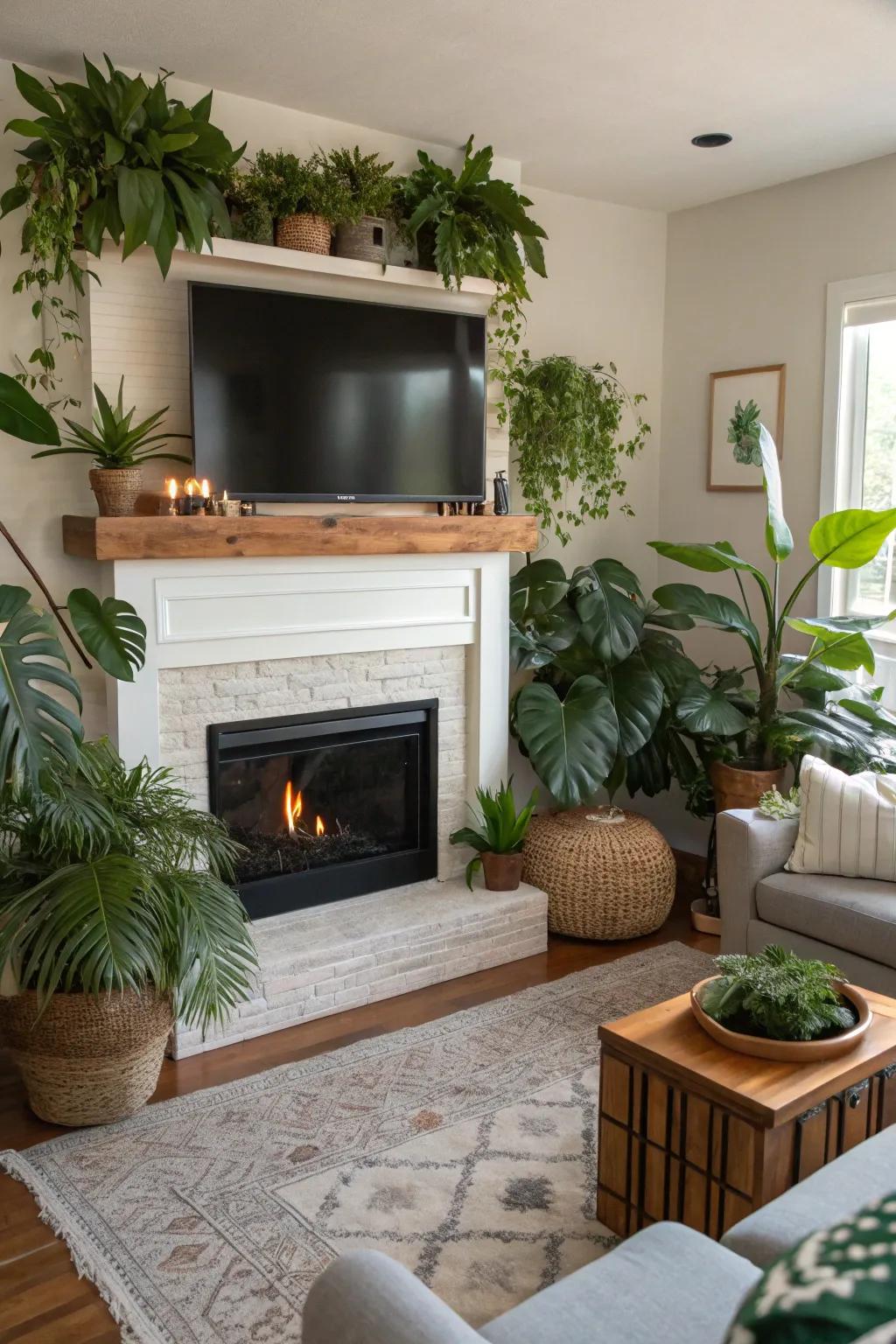 A living area with plant life enhancing a fireplace and TV arrangement.