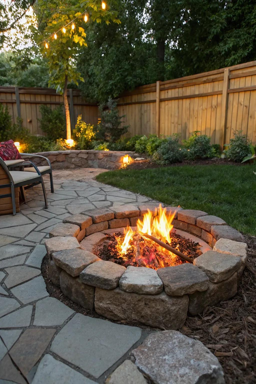 Flagstone edging adds charm to fire pit areas.