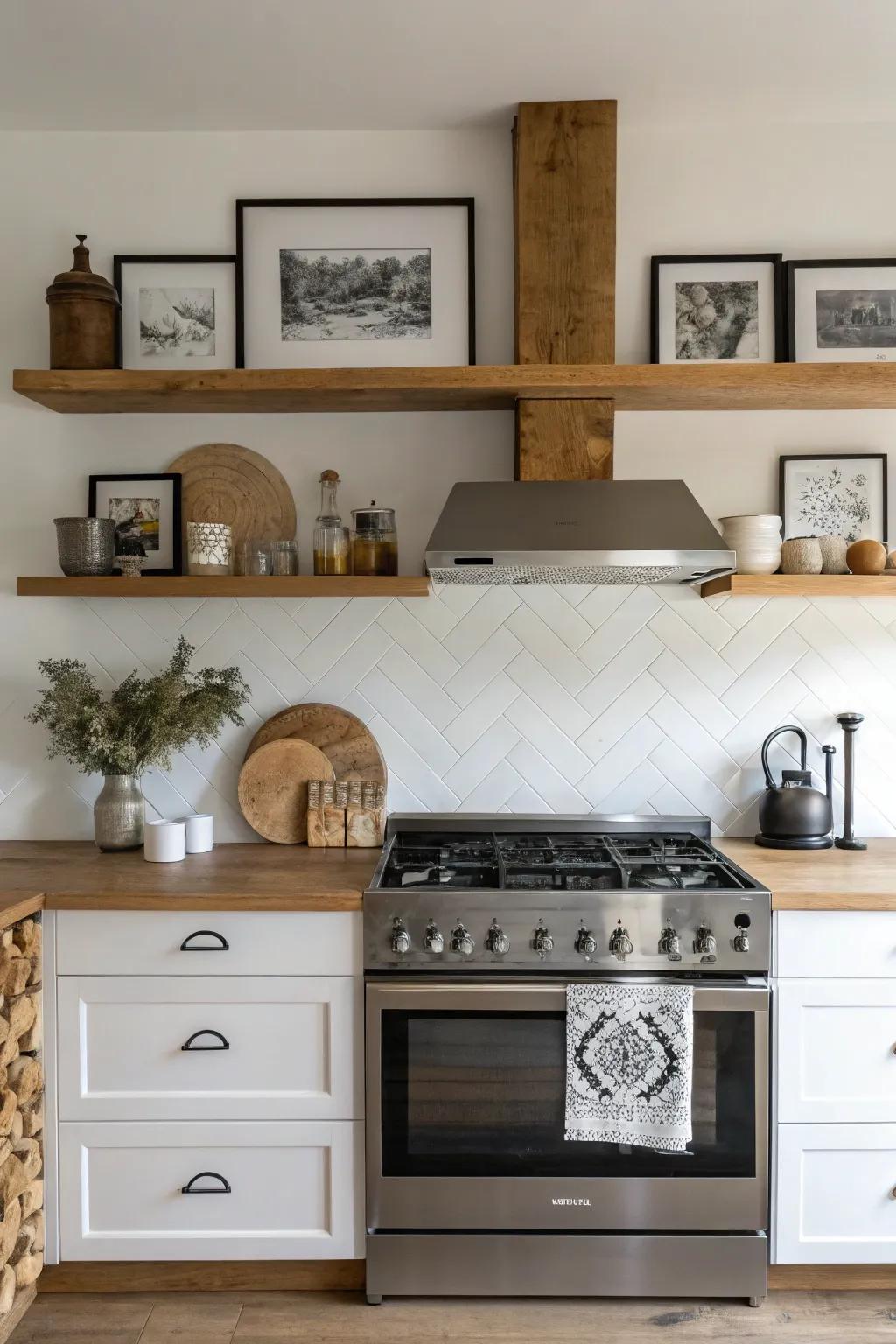 Transform your kitchen into a personal gallery with curated art and photos, bringing warmth and personality to minimalist design.