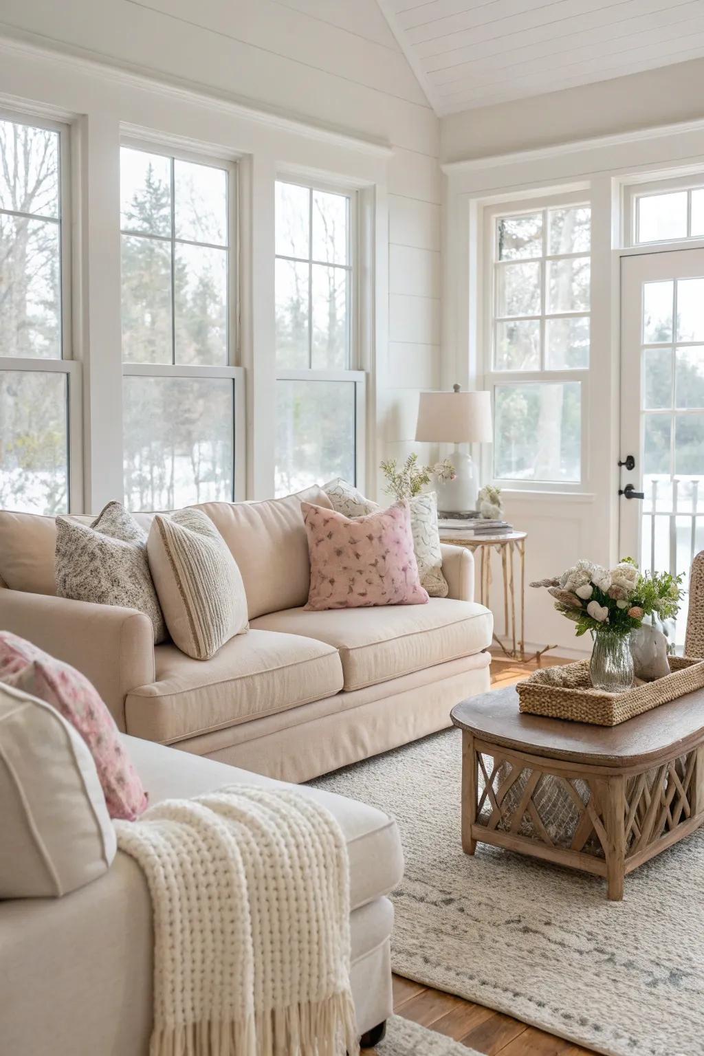 A living room with neutral tones and light colors.