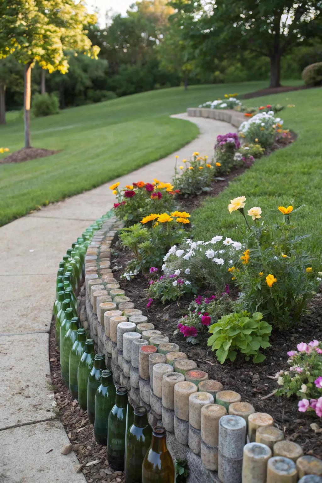 Reclaimed crystal receptacles fashion an eccentric and polychromatic flower bed border.