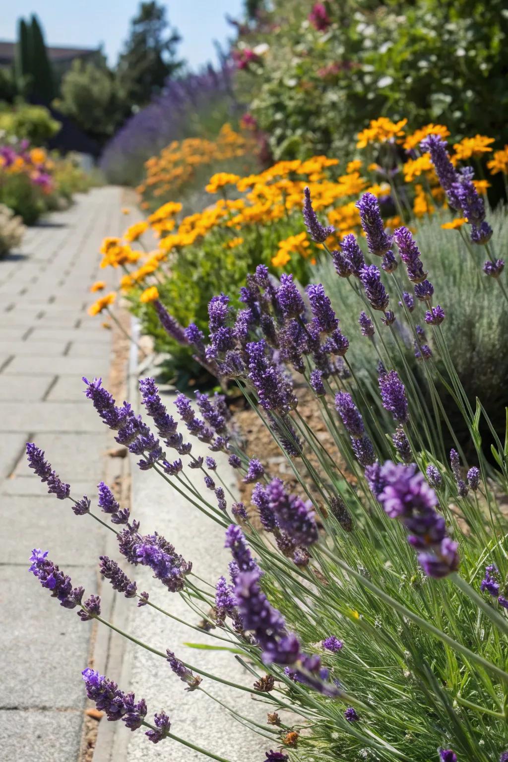 A sunny flower border featuring low-maintenance, drought-tolerant plants like lavender.